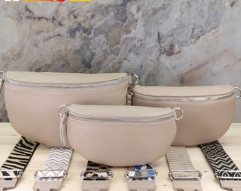 Beige Leather Crossbody Belt Bag: Silver Zipper, Patterned  display picture 1
