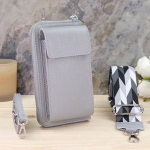 Gray Mini Messenger Leather Shoulder Bag and Wallet, Card Slots, Small Crossbody Cell Phone Bag with Patterned Belt, Valentine's Day gift
