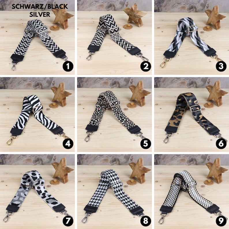 May include: Nine different patterned adjustable straps for bags, with silver hardware. The straps are made of black, white, and brown fabric with various patterns, including zebra, leopard, and geometric designs.