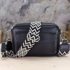 Leather Crossbody Shoulder Bag with Leather and Patterned Strap for Women, Everyday Bag, Crossbody Bag with Different Colors, Christmas gift