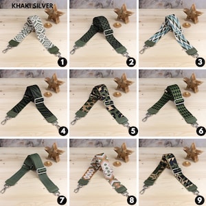 May include: Nine different patterned adjustable straps in khaki and silver. The straps are made of a woven fabric and have a silver metal buckle. The straps are displayed on a wooden surface.