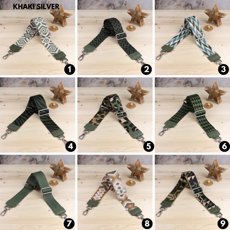 May include: Nine different patterned adjustable straps in khaki and silver. The straps are made of a woven fabric and have a silver metal buckle. The straps are displayed on a wooden surface.