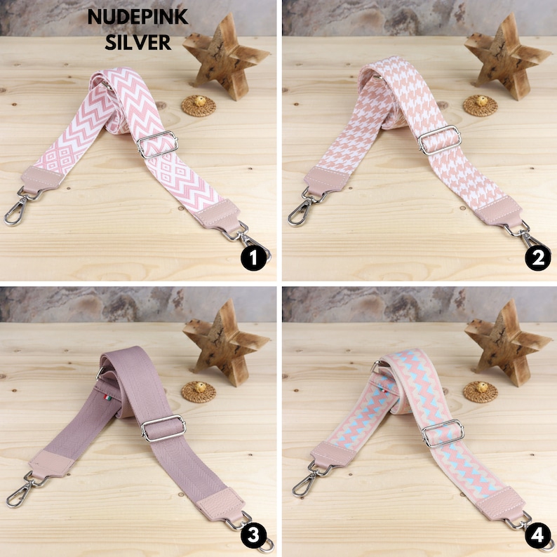 May include: Four different patterned and solid color fabric straps with silver hardware. The straps are for bags and purses.  The straps are on a wooden surface.