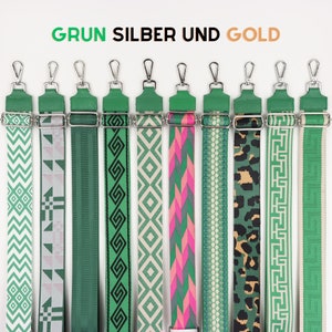 Grün Lederriemen für Taschen mit Gold und Silber Hardware, gemusterter Schulterriemen mit breitem Riemen, Kamerataschenriemen, Valentinstag