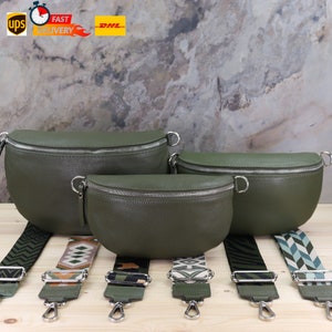 Umhängetasche mit Khaki Silber Reißverschluss, Crossbody und Gürteltasche mit Gemusterten Riemen, Leder Gürteltasche, Bauchtasche mit Riemen