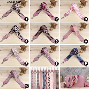 May include: Ten different pink and white patterned fabric straps with silver clasps. The straps are shown individually and then together in a group. The straps are all about 1 inch wide. The straps are perfect for adding a touch of style to any bag.