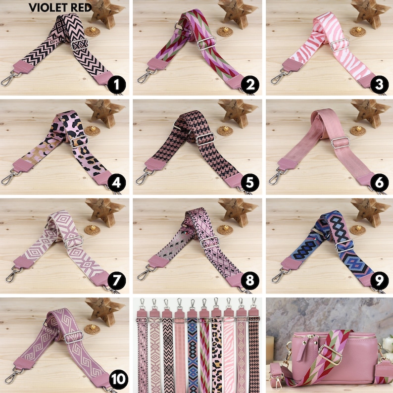 May include: Ten different pink and white patterned fabric straps with silver clasps. The straps are shown individually and then together in a group. The straps are all about 1 inch wide. The straps are perfect for adding a touch of style to any bag.