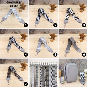 May include: A set of 10 different patterned grey and white fabric straps with silver metal clasps. The straps are displayed on a wooden surface with a small wooden star. The straps are labeled with numbers 1 through 7. The straps are suitable for bags, purses, and other accessories.