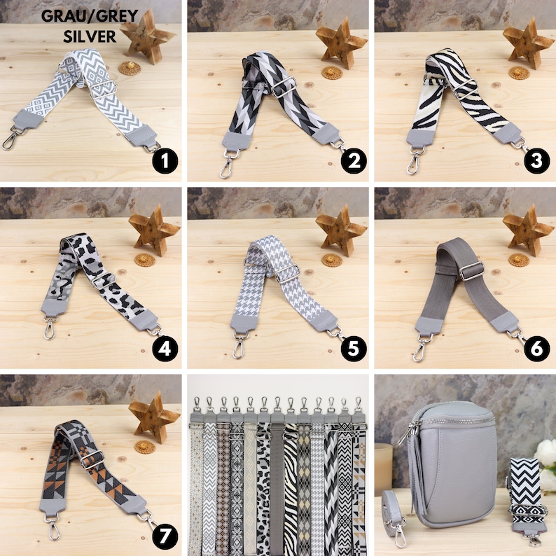 May include: A set of 10 different patterned grey and white fabric straps with silver metal clasps. The straps are displayed on a wooden surface with a small wooden star. The straps are labeled with numbers 1 through 7. The straps are suitable for bags, purses, and other accessories.