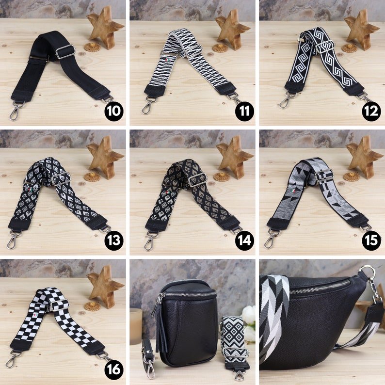 May include: Ten different patterned and solid black adjustable straps for bags. The straps are shown laid out on a wooden surface with a star-shaped decoration.