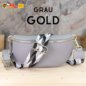 Grau Crossbody und Gürteltasche Gold Reißverschluss mit Gemusterten Riemen, Leder Umhängetasche, Leder Gürteltasche, Bauchtasche mit Riemen