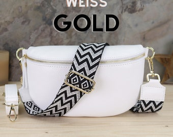 Weiss Bauchtasche und Gürteltasche Gold Reißverschluss mit Gemusterten Riemen, Leder Umhängetasche, Crossbody mit Riemen, Weihnachtsgeschenk