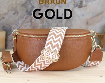 Braun Gold Reißverschluss Crossbody und Gürteltasche mit Gemusterten Riemen, Umhängetasche, Leder Gürteltasche, Bauchtasche mit Riemen