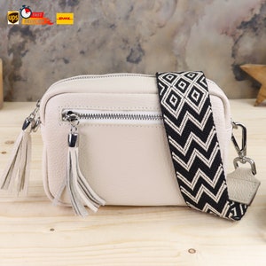 Frauen Creme Hüfttasche, Bauchtasche Gürteltasche mit gemustertem Riemen, Schultertaschengurt und Umhängetasche Klein Leder für Damen,