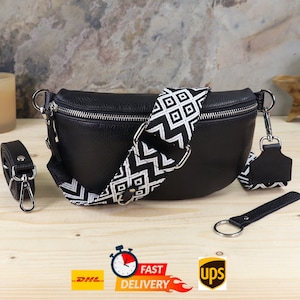 Schwarz Umhängetasche mit Breitem Gurt, Bauchtasche Leder Damen, Crossbody Tasche, Gürteltasche und Damentasche Leder, Geschenk für Frauen