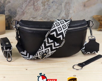 Leather Bag for Women Everyday Crossbody Black Shoulder and Belly Bag with extra Strap, Fanny Packs Women, Leather Belt Bag, Gift her
