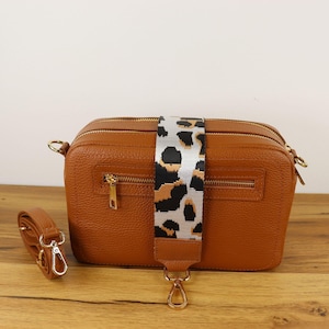 Gold Leder Crossbody Black Bag mit Reißverschluss und zusätzlichem Riemen, Schultertasche und Bauchtasche aus Leder, Weihnachtsgeschenk