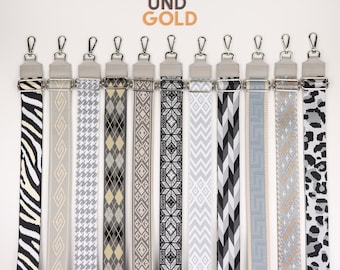 Patterned Fabric Bag Strap: Light Gray Leather, Silver Hardware