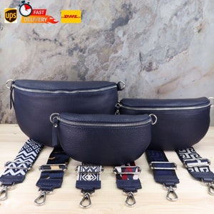 Crossbody Bag Leder Navy für Frauen, Schulter und Bauchtasche mit extra Riemen, Ledertasche, Bauchtaschen Frauen, Geschenk zum Muttertag