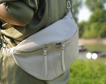 Leather and Patterned Belt Shoulder Bag with Silver Zipper, Women&#39;s Fanny pack, Leather Belly Crossbody Bag, Christmas day gift for her