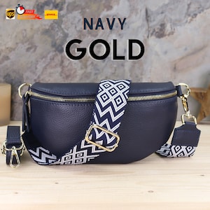 Navy Gold Zipper Women&#39;s Crossbody and Fanny Pack, Bally and Shoulder Bag, Strappy Waist Bag, Patterned Straps, Leather Waist Bag, Gift Her