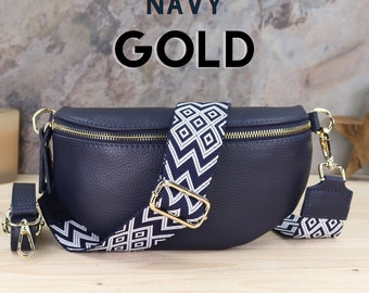 Navy Gold Zipper Women s Crossbody and Fanny Pack Bally and Shoulder Bag Strappy Waist Bag Patterned Straps Leather Waist Bag Gift Her Etsy