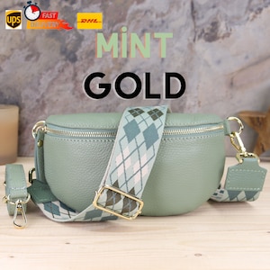 Women Shoulder Bag With Mint Gold Zipper, Crossbody & Fanny pack With Patterned Strap, Leather Waist Bag, Belly Bag With Strap, Gift for Her