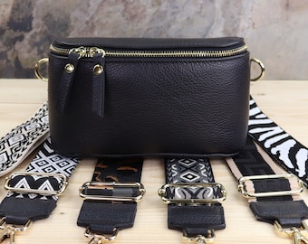 Leather GOLD Zippered Black Shoulder Bag With Extra Strap Women