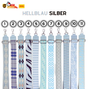 Gemusterter Hellblauer Lederriemen für Taschen mit silbernen Accessoires, Breiter Schulterriemen, Kamerataschenriemen, Handtaschenriemen