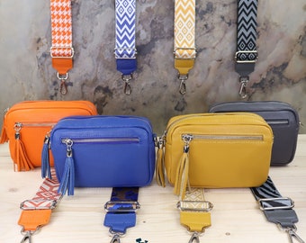 Leather Crossbody Bag with Patterned Strap: Small Shoulder Bag