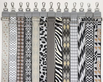 Patterned Fabric Bag Strap: Gray Leather, Silver Hardware, Adjustable