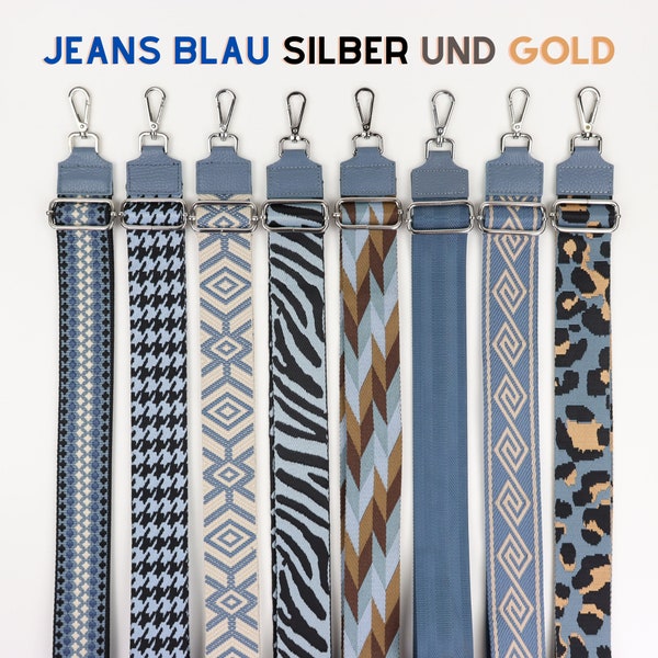 Umhängegurt für Taschen, Taschengurt Jeans Blau Silber & Gold, Schultergurt für Taschen Breit, Crossbag Damen Breiter Gürtel, Taschenriemen