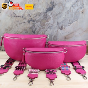 Bauchtasche und Umhängetasche Leder für Damen mit Breitem Crossbody Gurt Fuchsia, Schultertaschengurt Crossbody Strap, Gürteltasche Damen