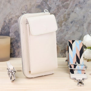 Creme Mini Messenger Leder Umhängetasche und Geldbörse, Kartenschlitze, kleine Crossbody Handytasche mit gemustertem Gürtel, Valentinstag