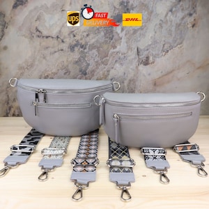 Leder Umhängetasche mit extra Reißverschlusstaschen, Bauchtasche und Schultertaschen mit Riemen Leder für Frauen Crossbody Grau,Gürteltasche