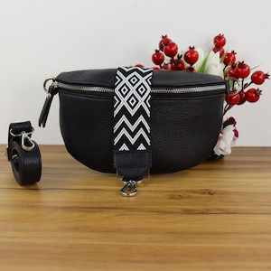 Bauchtasche Schwarz Leder für Frauen, Valentinstag, Leder Crossbody Bag,  Gürteltasche mit breitem Gurt