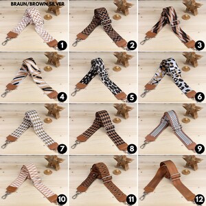 May include: Twelve different patterned brown and white fabric straps with silver hardware. The straps are arranged in a grid pattern on a wooden surface.