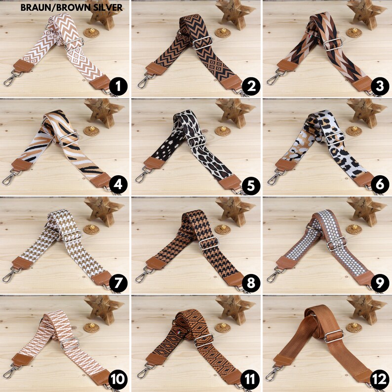 May include: Twelve different patterned brown and white fabric straps with silver hardware. The straps are arranged in a grid pattern on a wooden surface.