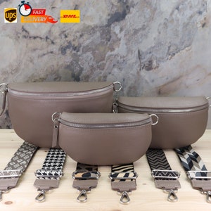 Umhängetasche mit Taupe Silber Reißverschluss, Crossbody und Gürteltasche mit Gemusterten Riemen, Leder Gürteltasche, Bauchtasche mit Riemen