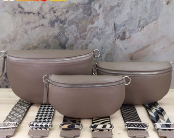 Umhängetasche mit Taupe Silber Reißverschluss, Crossbody und Gürteltasche mit Gemusterten Riemen, Leder Gürteltasche, Bauchtasche mit Riemen