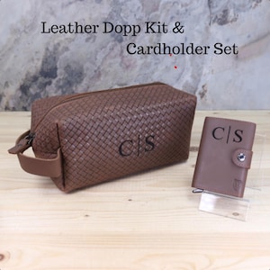 Leather Dopp Kit & Card Holder Set – Personalized with engraving, RFID Wallet, Father’s Day, Travel Toiletry Bag, Wedding Gift, Card Case