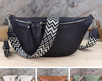 Leather and Patterned Belt Shoulder Bag with Silver Zipper, Women's Fanny pack, Leather Belly Crossbody Bag, Christmas day gift for her