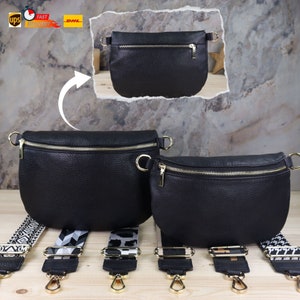 Kleine und mittlere Größe Schwarzes Leder Gold Zipper Umhängetasche für Frauen, Leder Bauchtasche mit zwei Gürtel, Crossbody Riemen Tasche