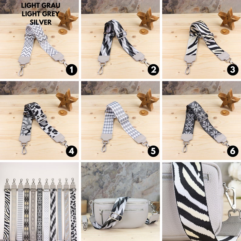 May include: Ten different patterned fabric straps for bags in black and white. The straps are shown on a wooden surface with a star decoration. The straps are 1 inch wide and have silver hardware. The straps are shown in different patterns, including chevron, geometric, and animal print.