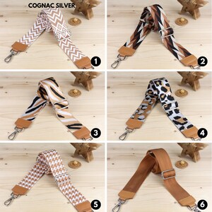 May include: Six different patterned brown and white fabric straps with silver clasps. The straps are shown on a wooden surface.  The straps are numbered 1 through 6.