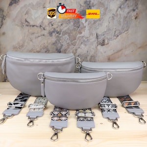 Bauchtasche, Umhängetasche und Gürteltasche Leder für Damen mit Breitem Crossbody Gurt Stylisch Grau, Schultertaschen Crossbody Strap
