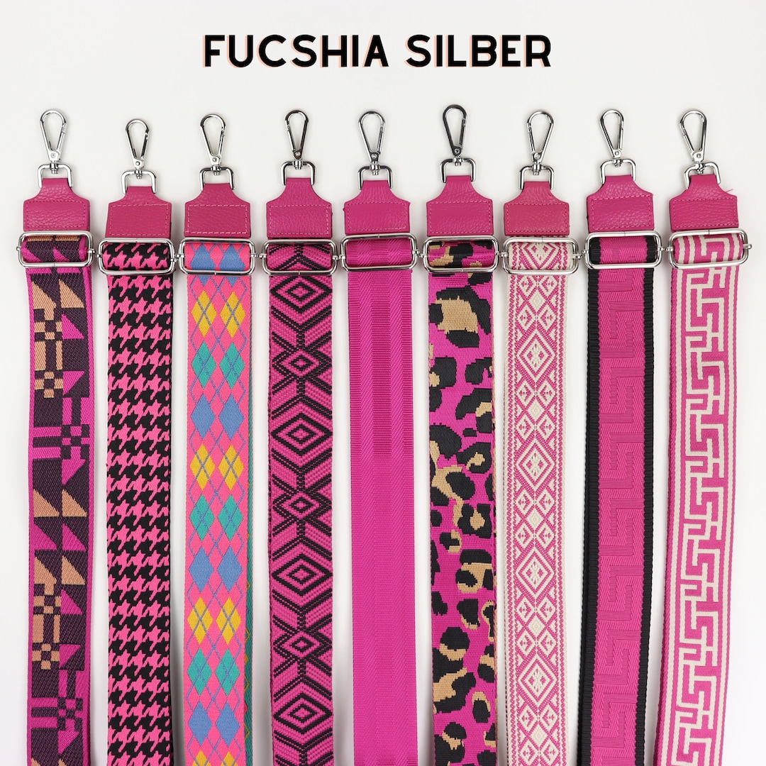 Fuchsia Leather Strap for Silver Hardware Bags, Patterned Shoulder