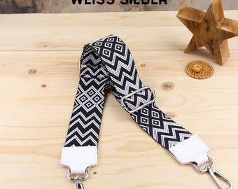 Patterned White Leather Bag Strap with Silver and Gold Accessories, Wide Shoulder Strap, Camera Bag Strap, Handbag Strap, Bag Straps Bags