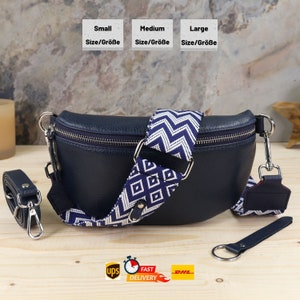 Navy Umhängetasche mit Breitem Gurt, Gürteltasche und Damentasche Leder, Bauchtasche Leder Damen, Crossbody Tasche, Geschenk für Frauen