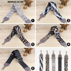 May include: Five different patterned fabric straps with silver hardware. The straps are shown in various positions, including a close-up of the hardware and a full view of the straps.